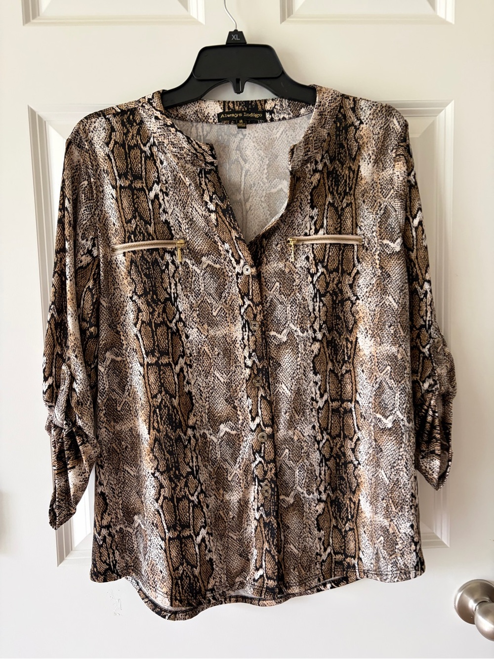 Always Indigo Snake Print Button-Front Blouse 3/4 Sleeves